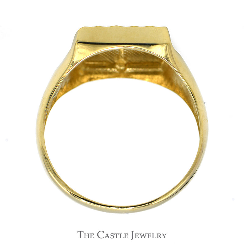 Two Tone Crucifix Signet Ring with Diamond Cut Texture in 10k Yellow & White Gold