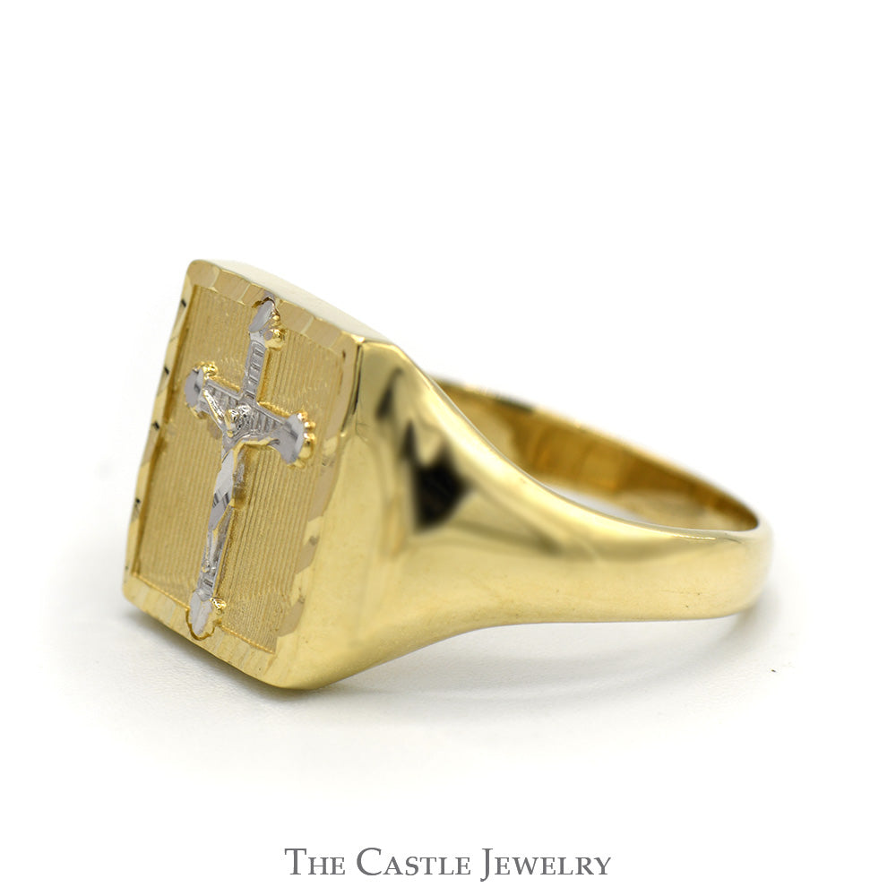 Two Tone Crucifix Signet Ring with Diamond Cut Texture in 10k Yellow & White Gold