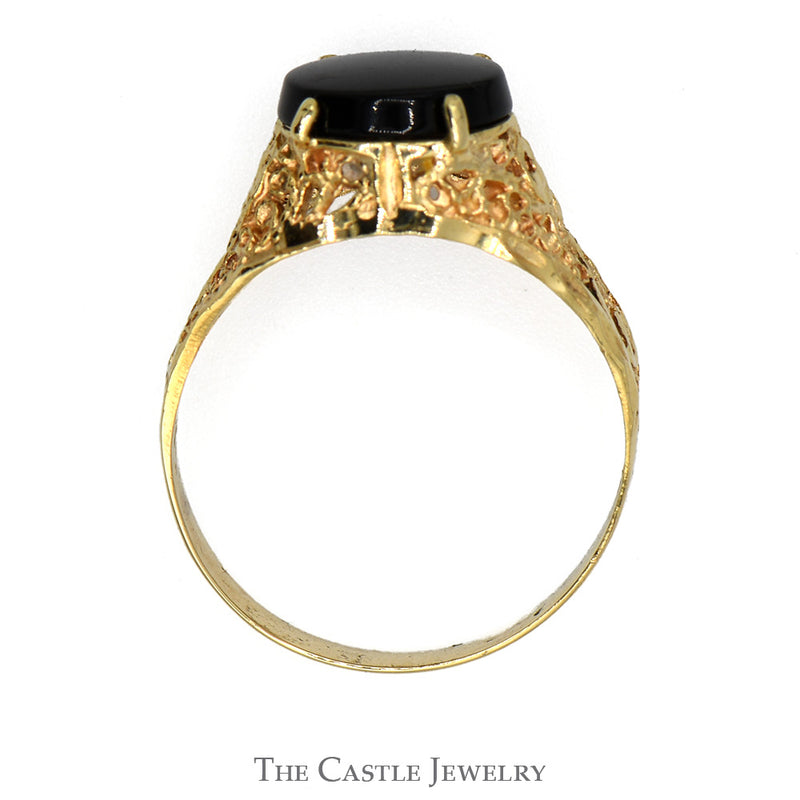 Round Black Onyx Solitaire Ring with Ornate Open Filigree Sides in 10k Yellow Gold