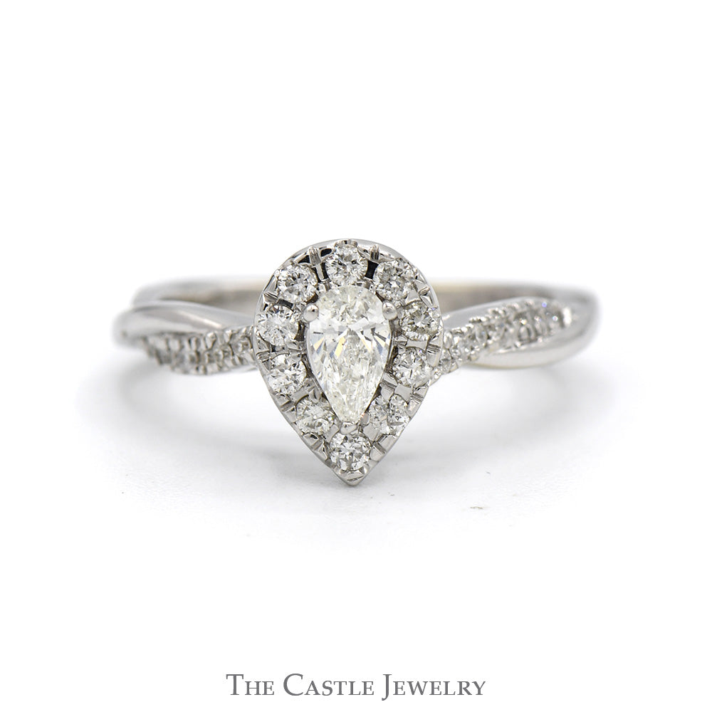 1/2cttw Pear Cut Diamond Engagement Ring with Diamond Halo and Accented Sides in 10k White Gold
