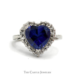 Heart Shaped Recrystallized Sapphire Ring With Diamond Halo .20 CTTW IN 10KT White Gold