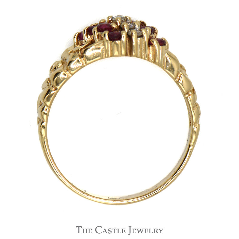 Round Ruby & Diamond Cluster Ring with Nugget Style Mounting in 14k Yellow Gold