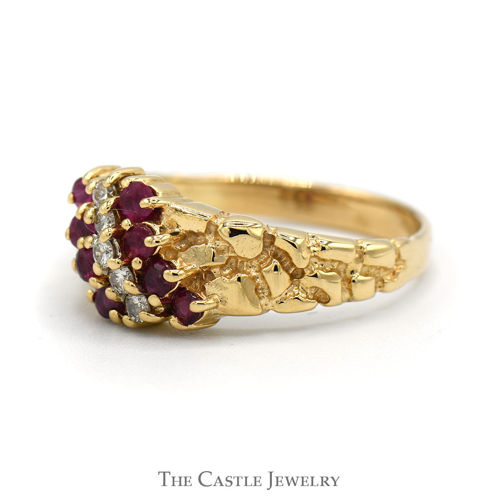 Round Ruby & Diamond Cluster Ring with Nugget Style Mounting in 14k Yellow Gold