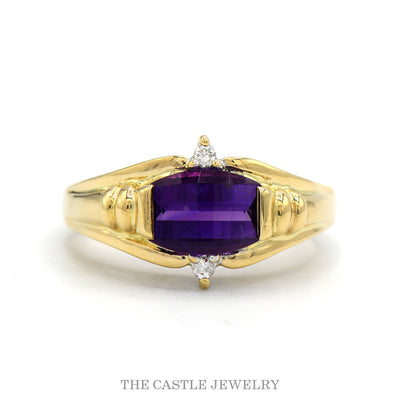Fancy Cut Amethyst Ring with Diamond Accents in 14k Yellow Gold