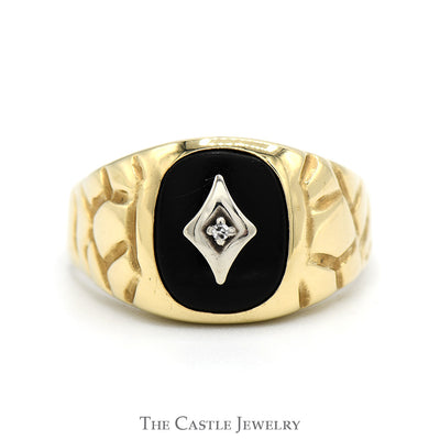Oval Shaped Black Onyx Ring with Diamond Accent and Nugget Textured Sides in 10k Yellow Gold