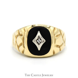 Oval Shaped Black Onyx Ring with Diamond Accent and Nugget Textured Sides in 10k Yellow Gold