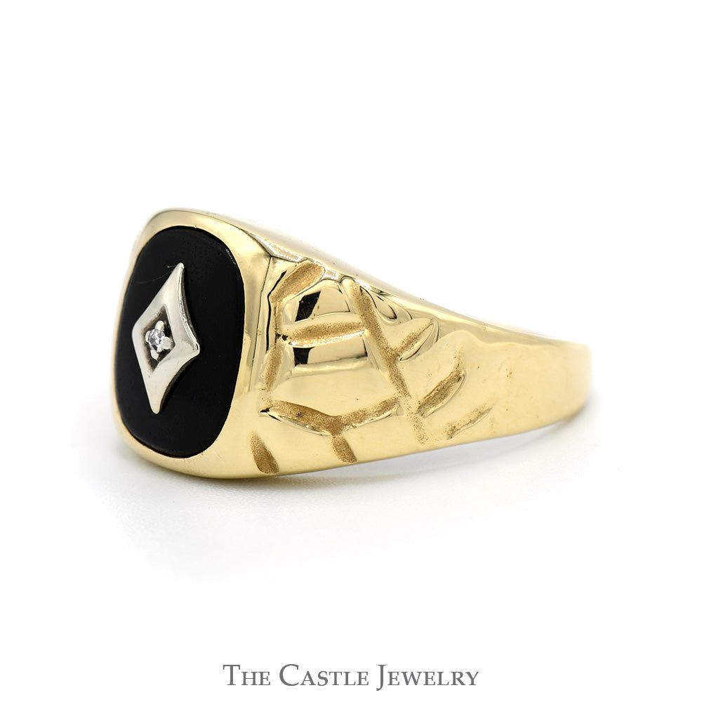 Oval Shaped Black Onyx Ring with Diamond Accent and Nugget Textured Sides in 10k Yellow Gold