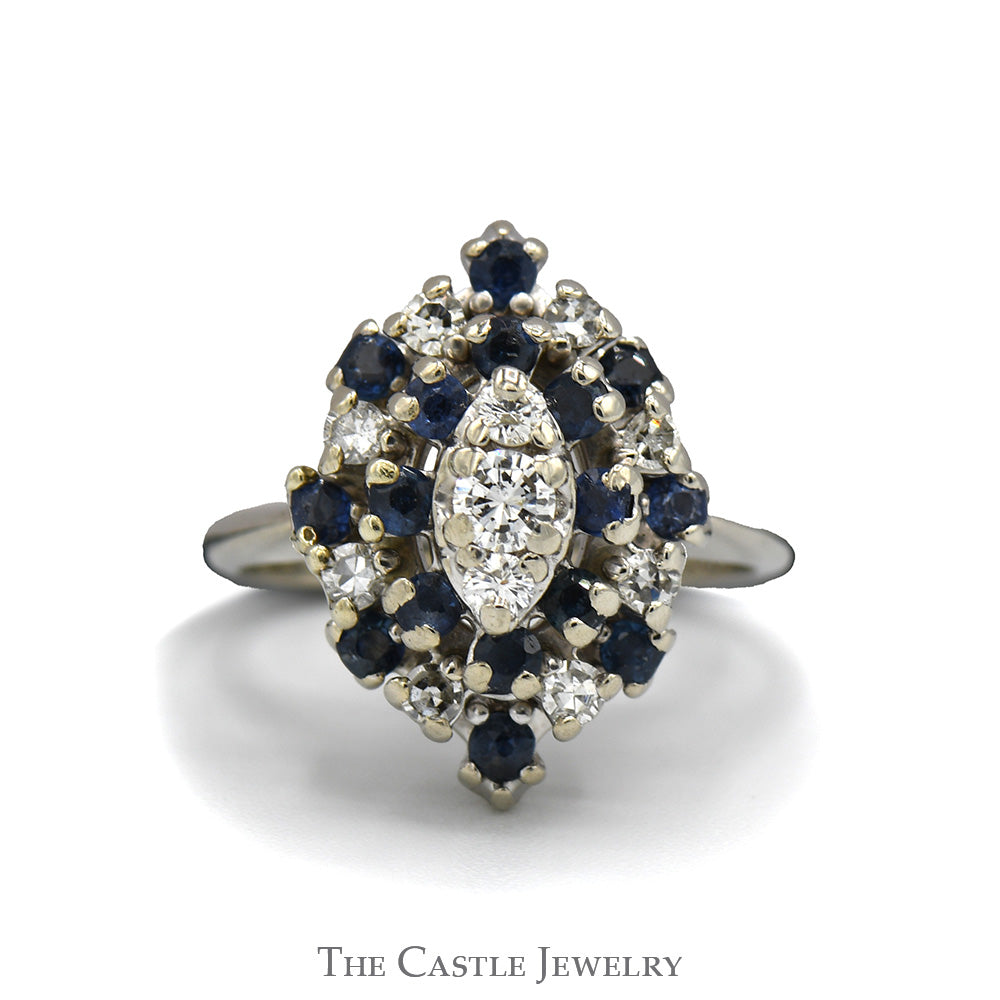 Marquise Shaped Diamond & Sapphire Cluster Ring in 14k White Gold