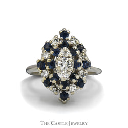 Marquise Shaped Diamond & Sapphire Cluster Ring in 14k White Gold
