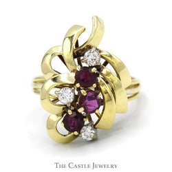 Open Free Form Ruby & Diamond Cluster Ring in 10k Yellow Gold