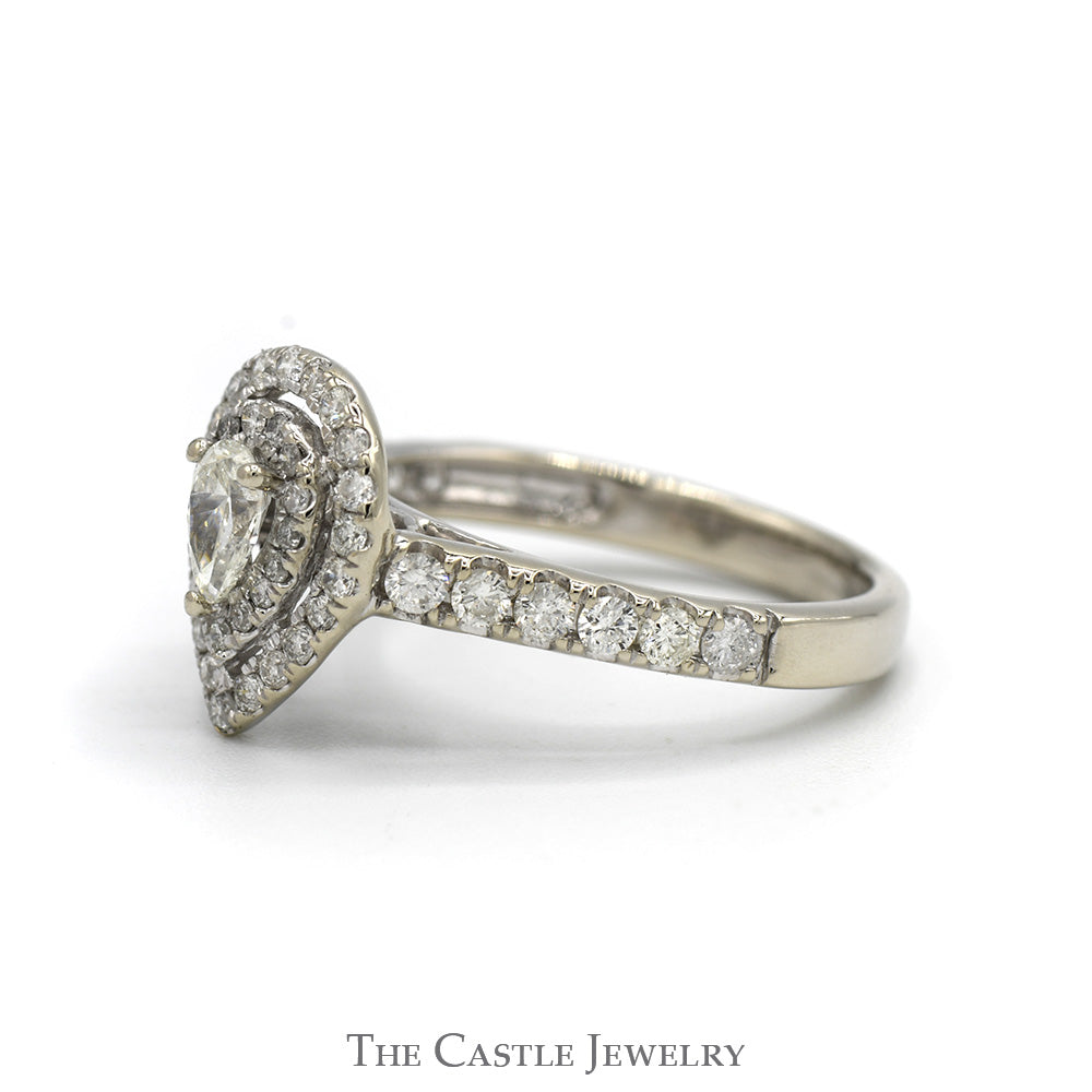 1cttw Pear Cut Diamond Engagement Ring with Double Diamond Halo and Accented Sides in 14k White Gold