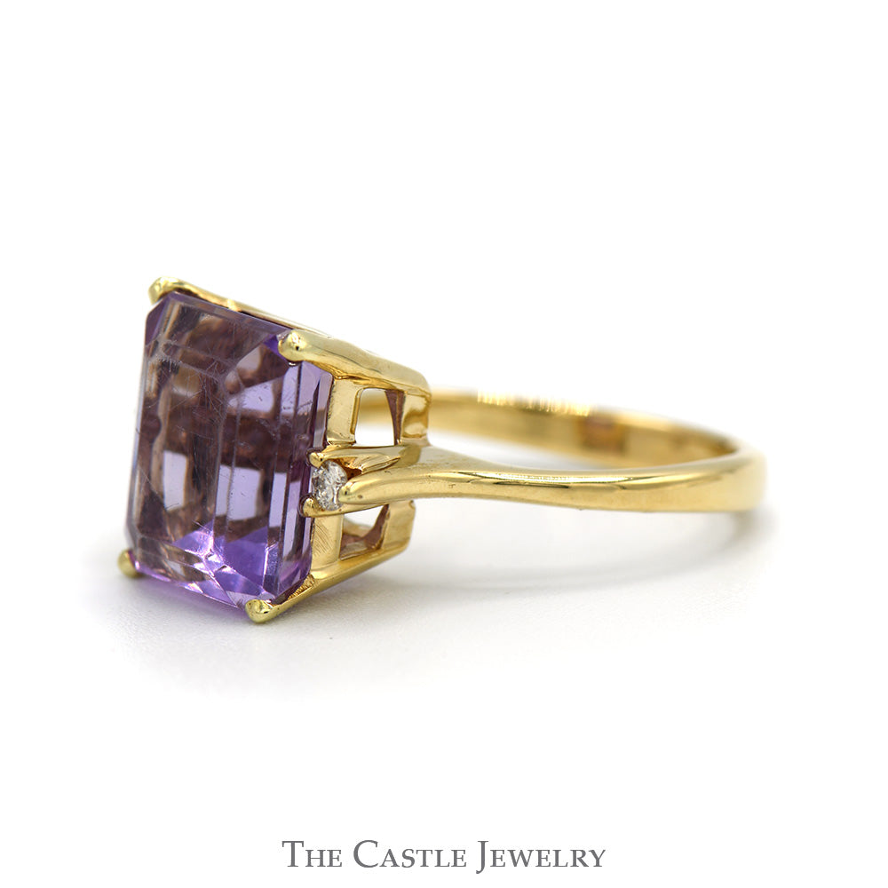 Emerald Cut Amethyst Ring with Round Diamond Accents in 10k Yellow Gold