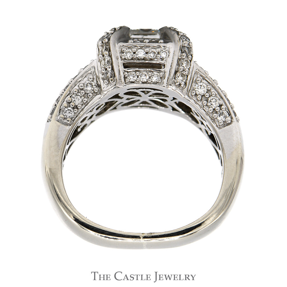 2cttw Princess Cut Diamond Ring with Diamond Halo and Diamond Accented Sides in 14k White Gold