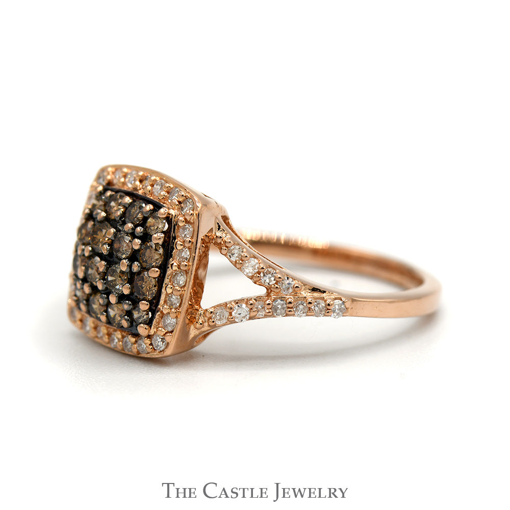 Effy Designer Square Shaped "Espresso" Diamond Cluster Ring with Diamond Halo and Accented Split Shank Sides in 14k Rose Gold