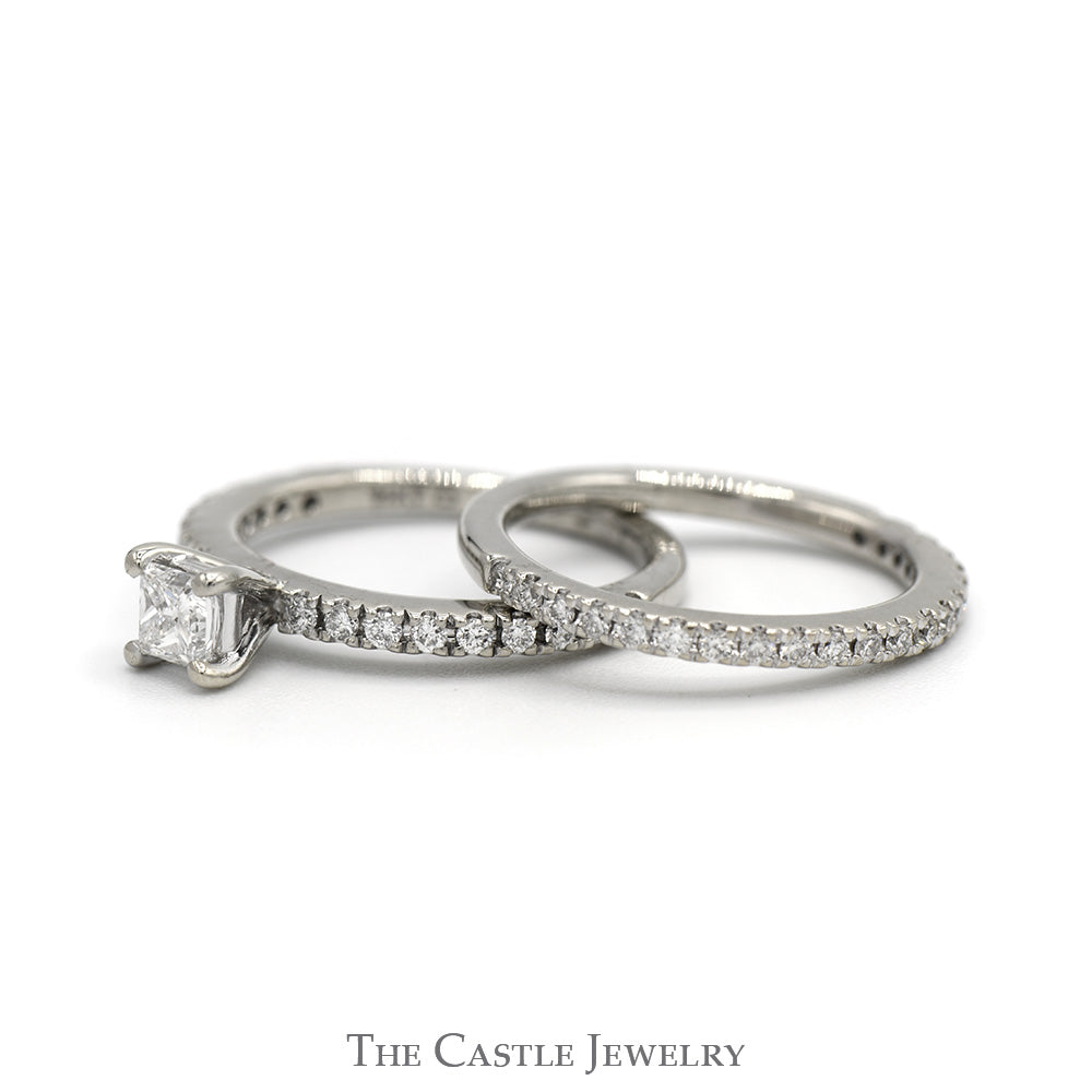 Princess Cut Diamond Bridal Set with Diamond Accented Sides and Matching Band in 14k White Gold