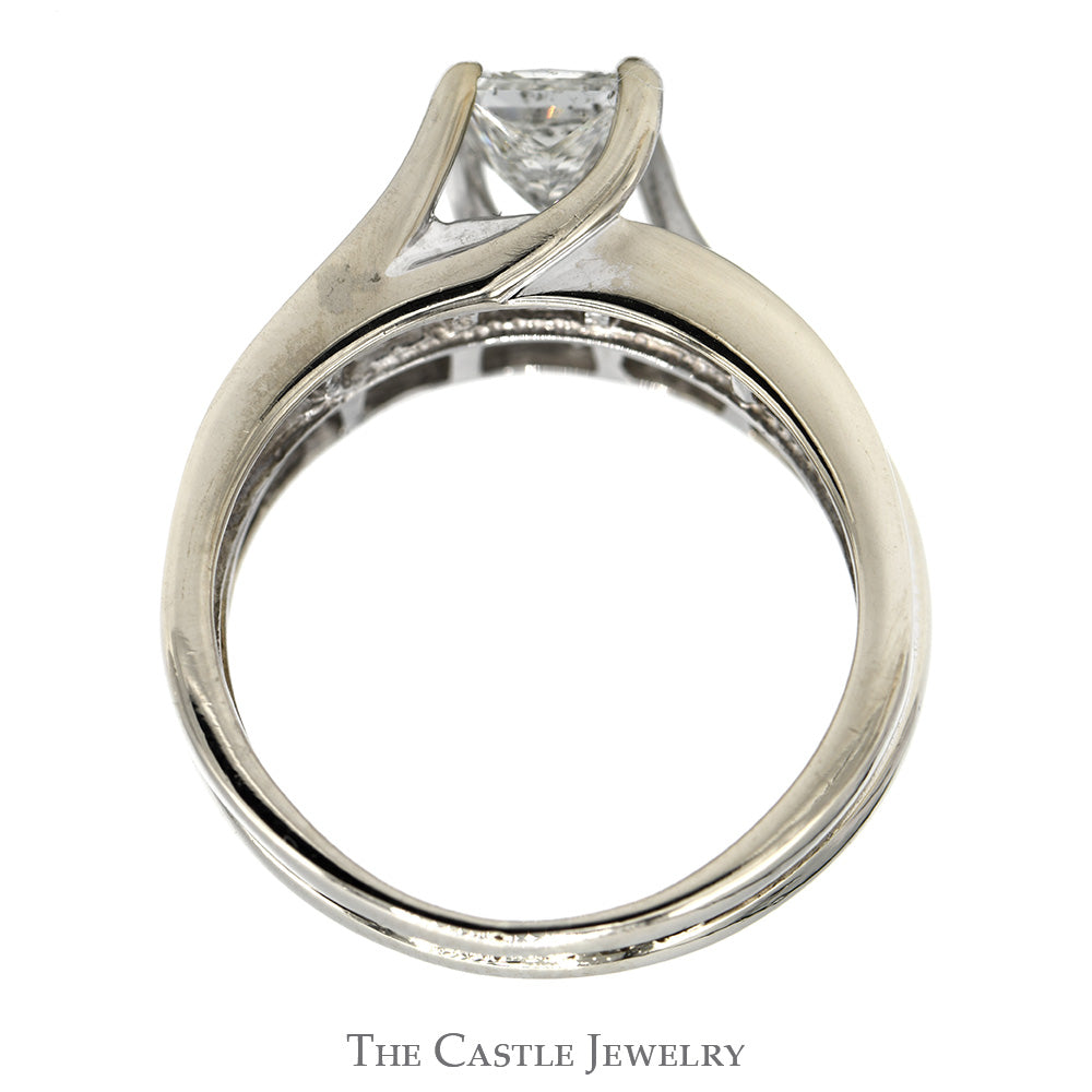 2cttw Princess Cut Diamond Bridal Set with Accented Sides and Matching Soldered Diamond Band in 14k White Gold