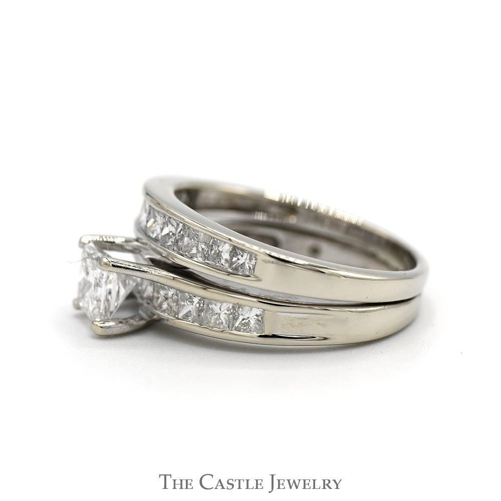 2cttw Princess Cut Diamond Bridal Set with Accented Sides and Matching Soldered Diamond Band in 14k White Gold