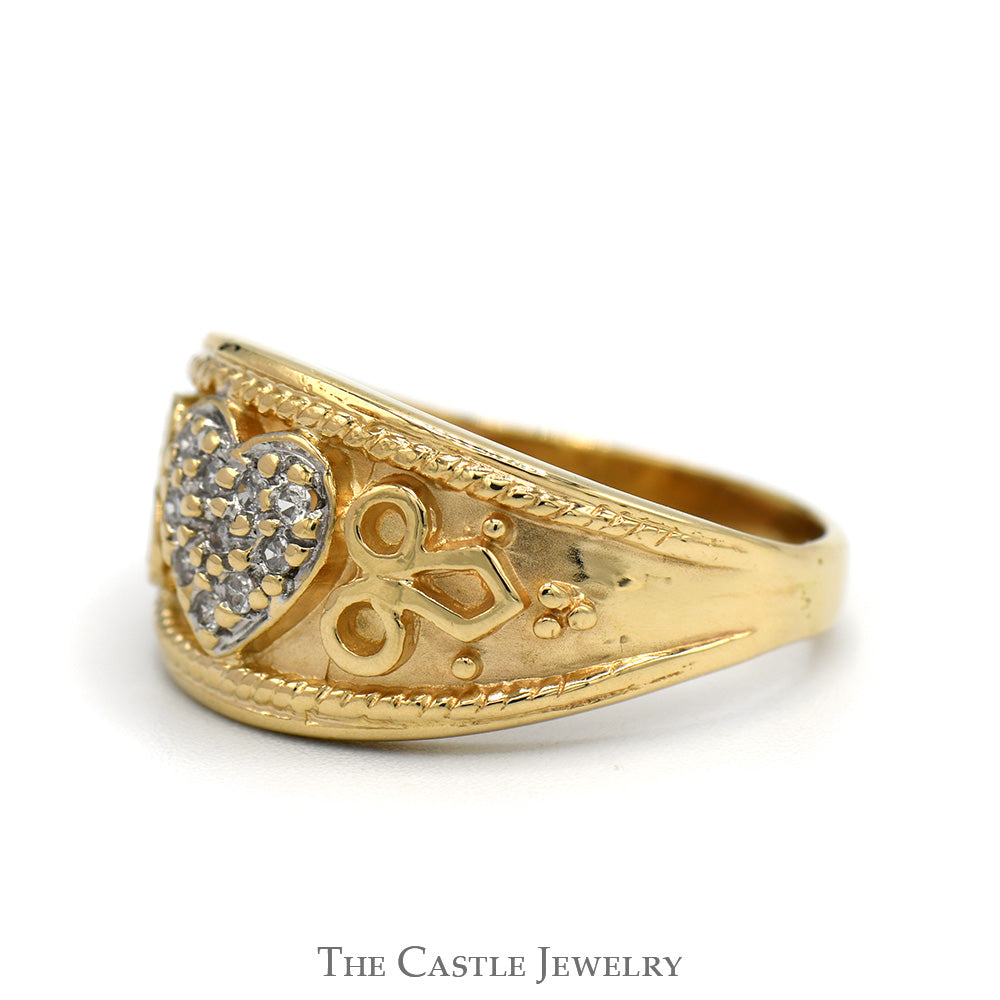 Heart Shaped Diamond Cluster Dome Ring with Scrollwork Sides in 10k Yellow Gold