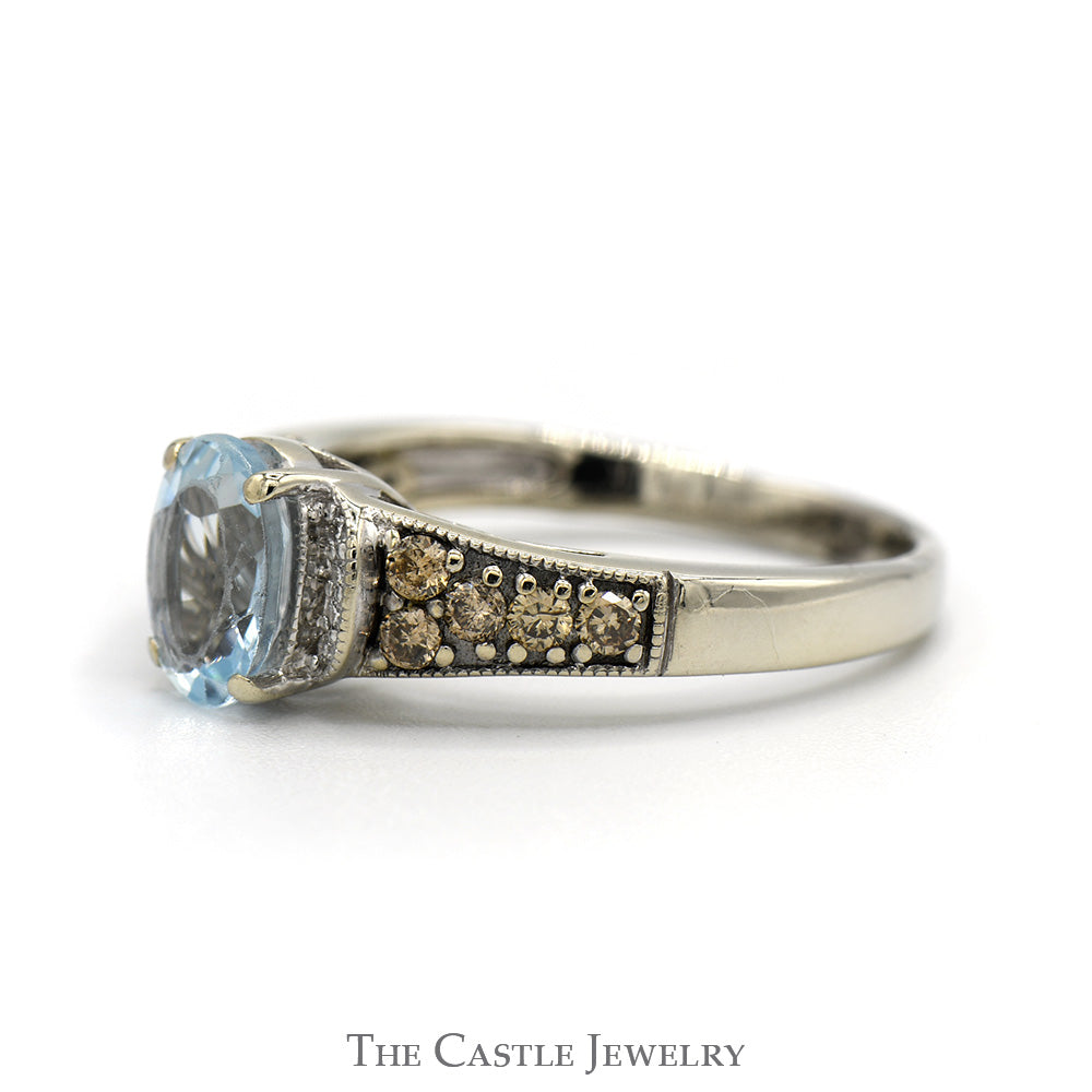 Le Vian Designer Oval Cut Aquamarine Ring with Chocolate & White Diamond Accents in 14k White Gold