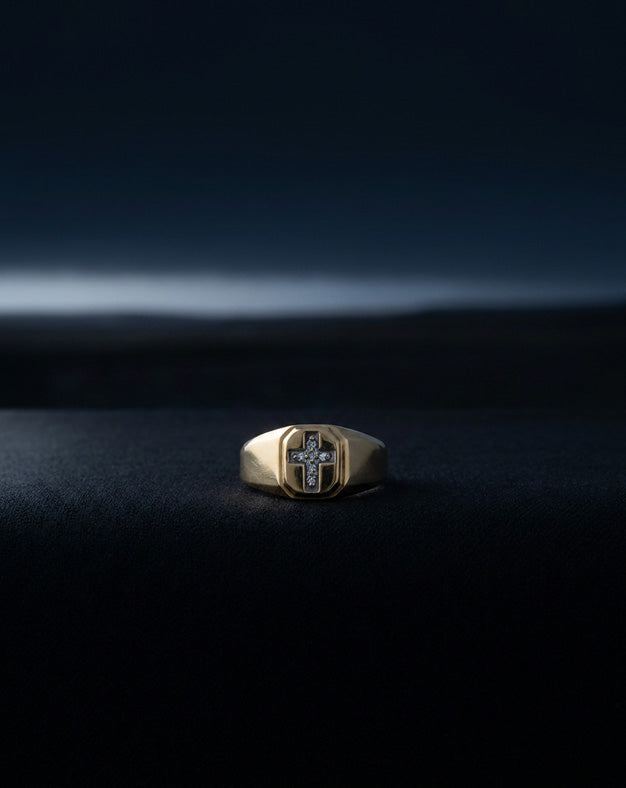 Men's 10k Yellow Gold Signet Ring with a .06cttw Diamond Cross Recessed into an Octagonal Panel