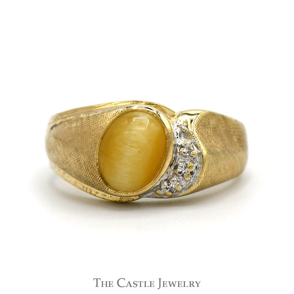 Oval Tiger's Eye Men's Ring with Diamond Accents in 10k Yellow Gold Brushed Textured Mounting