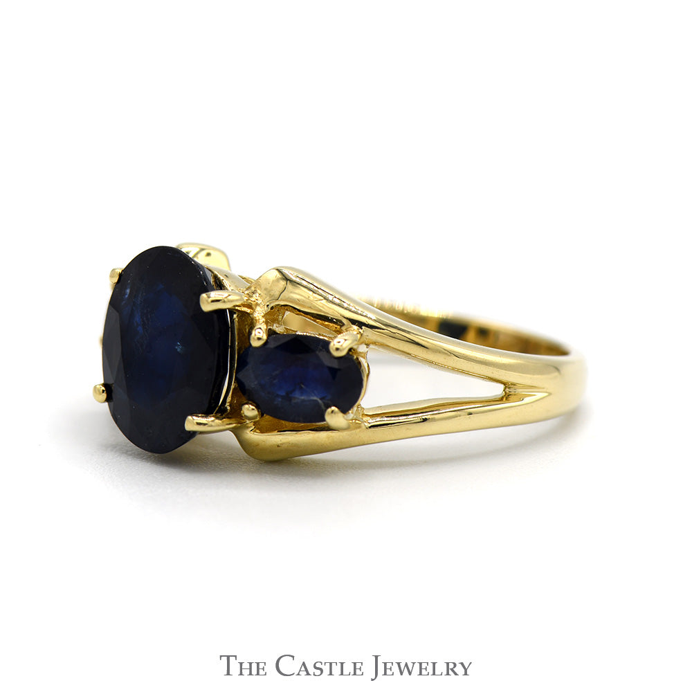 Oval Sapphire Three Stone Ring with Open Split Shank Sides in 14k Yellow Gold