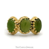 Oval Cut Green Jade Three Stone Ring with Open Split Shank Sides in 14k Yellow Gold - Thumbnail 1