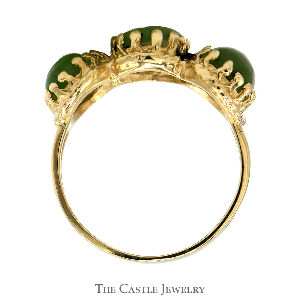 Oval Cut Green Jade Three Stone Ring with Open Split Shank Sides in 14k Yellow Gold