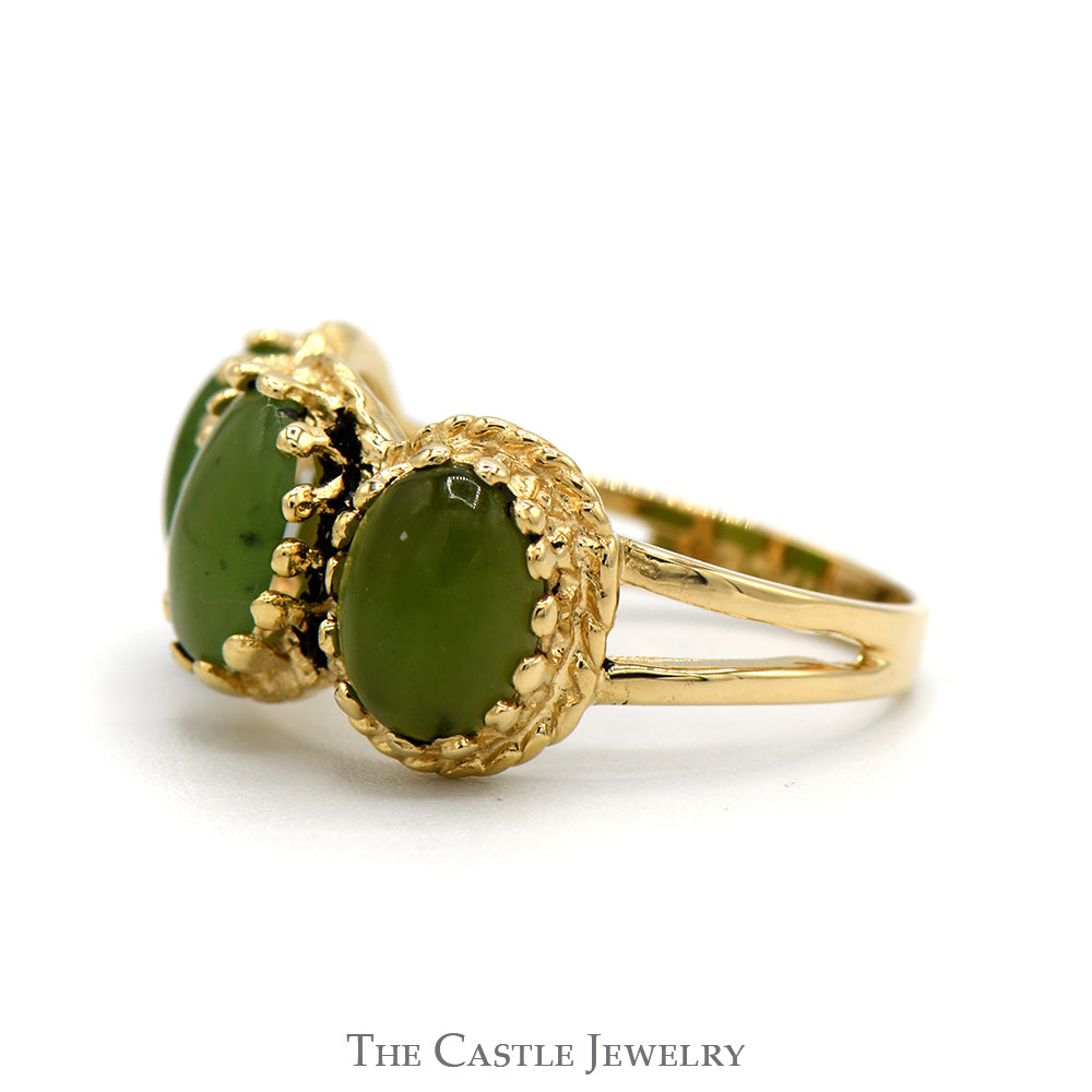 Oval Cut Green Jade Three Stone Ring with Open Split Shank Sides in 14k Yellow Gold