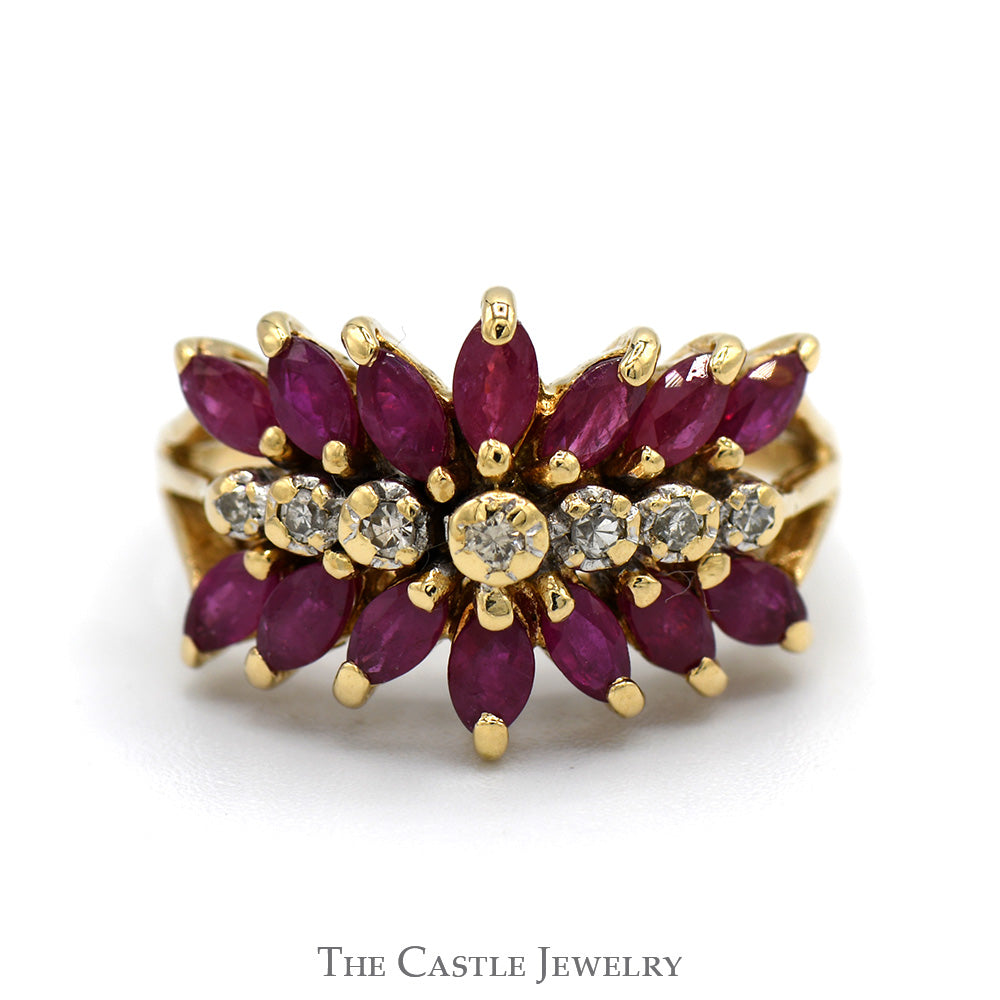 Marquise Ruby and Round Diamond Cluster Ring in 14k Yellow Gold