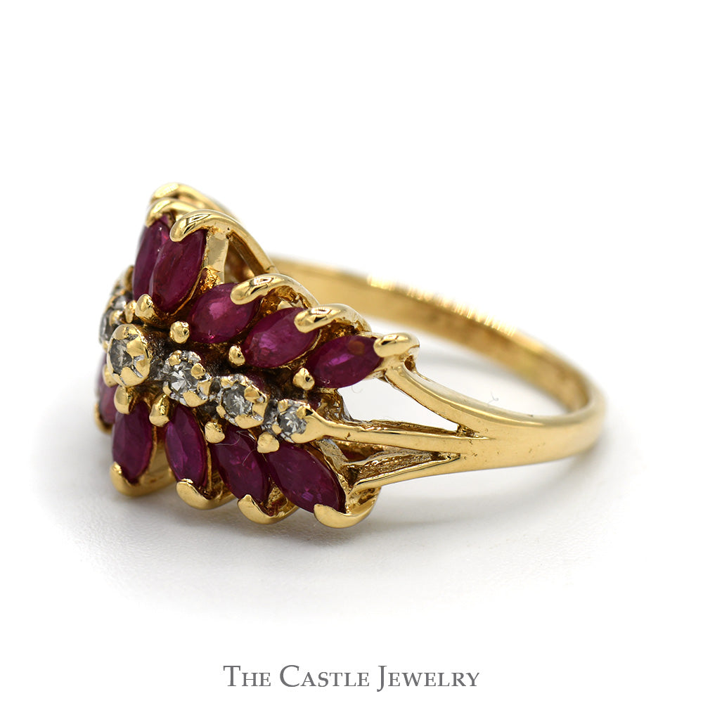 Marquise Ruby and Round Diamond Cluster Ring in 14k Yellow Gold