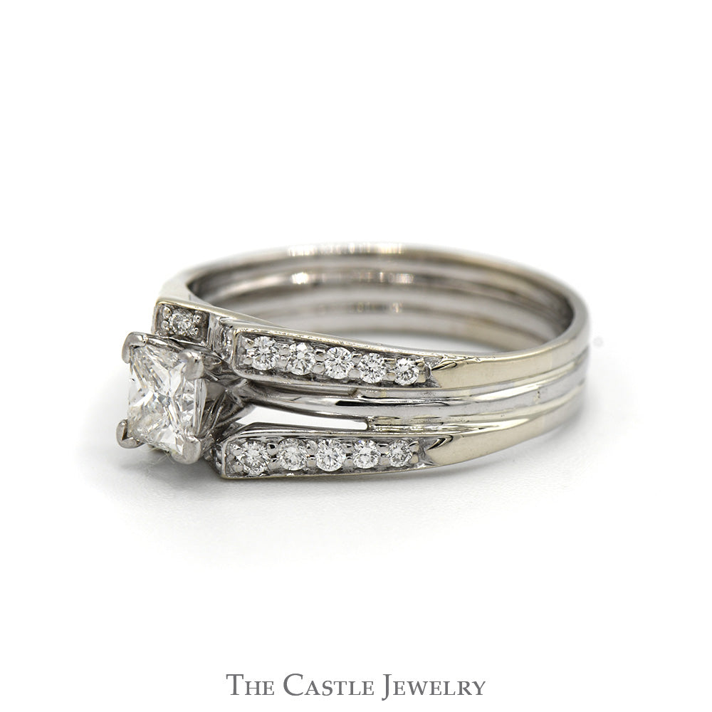 Princess Cut Diamond Bridal Set with Diamond Accented Matched Insert Wrap in 10k White Gold