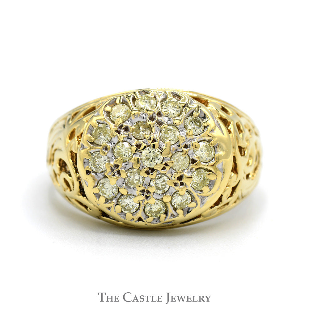 3/4cttw Diamond Kentucky Cluster Ring with Open Filigree Sides in 10k Yellow Gold