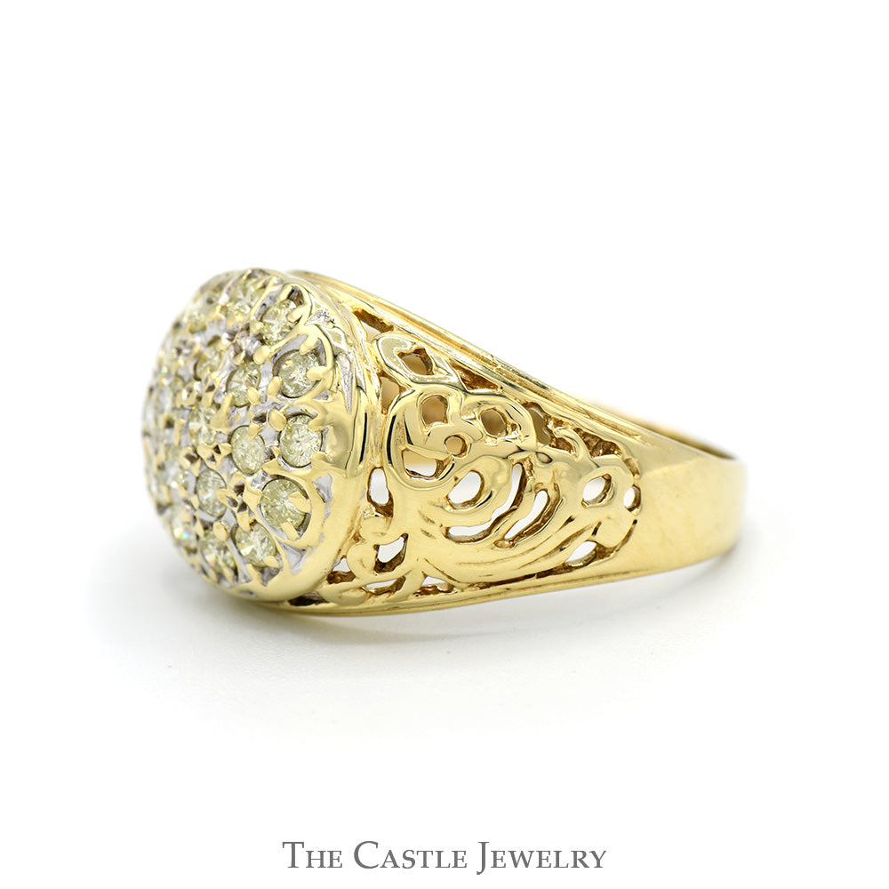 3/4cttw Diamond Kentucky Cluster Ring with Open Filigree Sides in 10k Yellow Gold