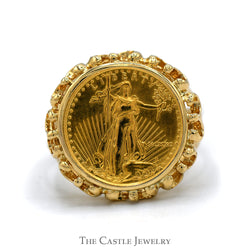 22k 1/10oz 1990 MCMXC Liberty Coin Ring with Open Scalloped Bezel in 14k Yellow Gold