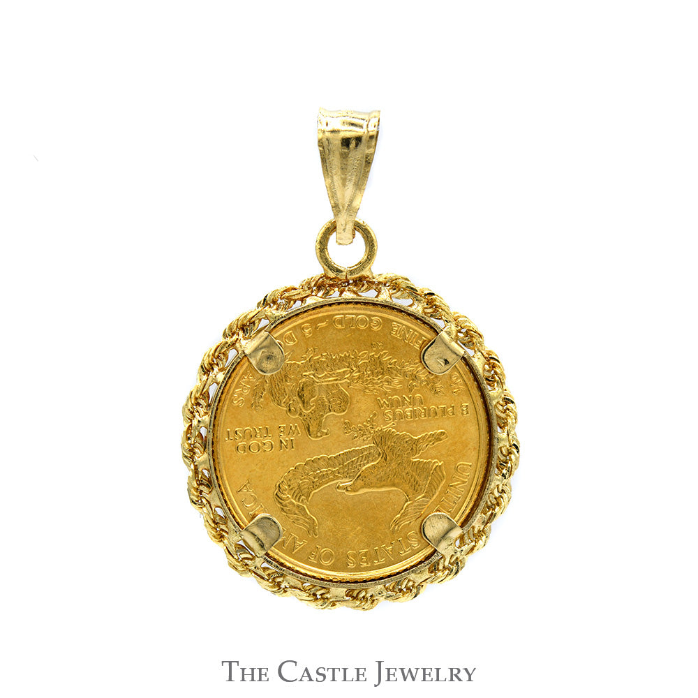 1989 MCMLXXXIX Gold Liberty Coin Pendant in 14k Yellow Gold Rope Designed Bezel