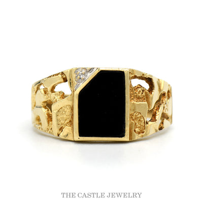 10k yellow gold men's black onyx nugget ring with diamond accent — top view