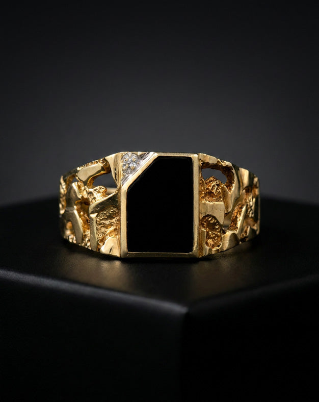 Men's Black Onyx Nugget Ring with Diamond Accent in 10k Yellow Gold