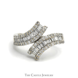 1.5cttw Baguette and Round Diamond Cluster Bypass Ring in 18k White Gold