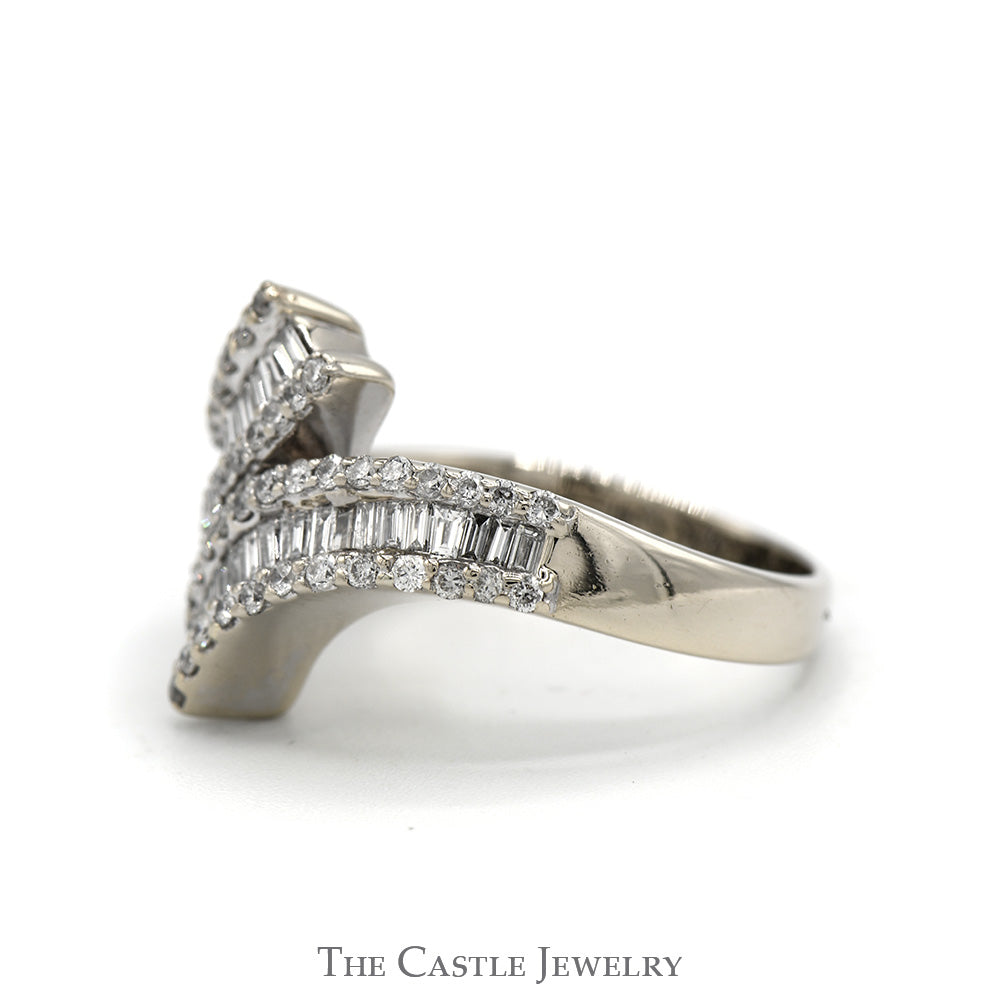 1.5cttw Baguette and Round Diamond Cluster Bypass Ring in 18k White Gold