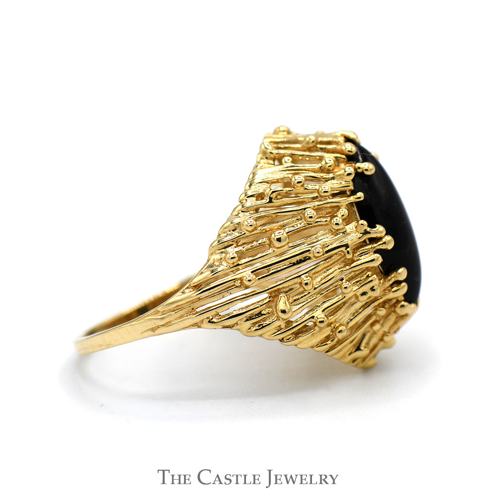 Marquise Cut Black Onyx Ring with Open Beaded Textured Sides in 14k Yellow Gold