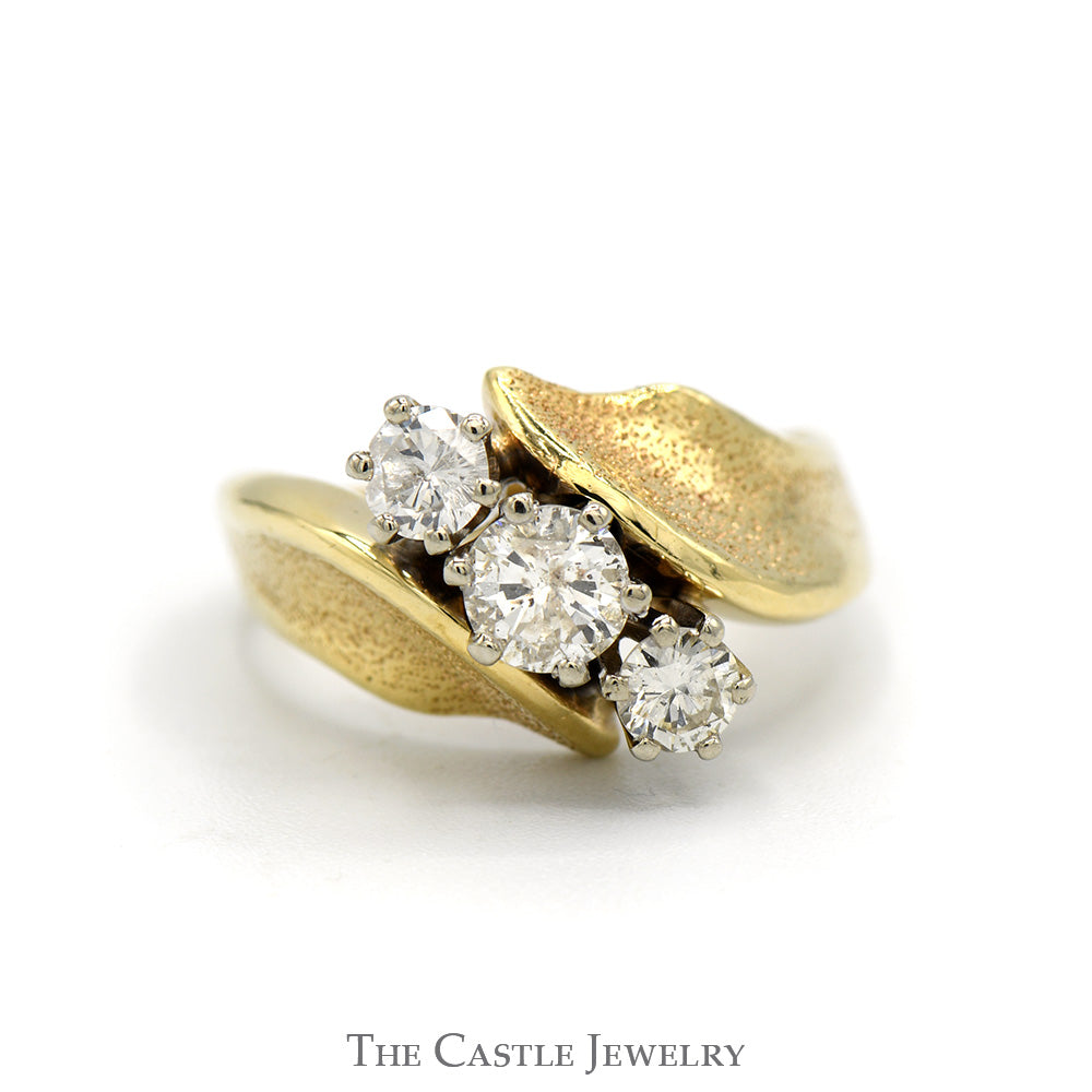 Diagonally Set Three Stone Diamond Ring in 10k Yellow Gold Bypass Mounting