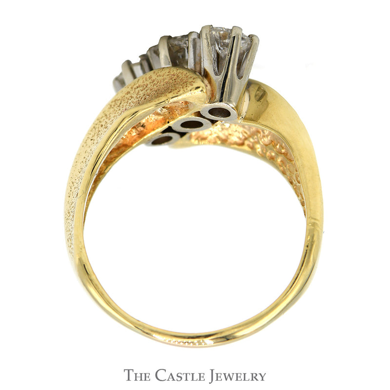 Diagonally Set Three Stone Diamond Ring in 10k Yellow Gold Bypass Mounting