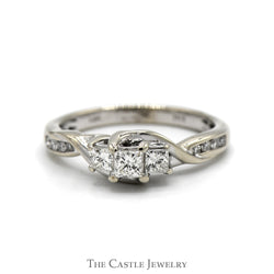 Three Stone Princess Cut Diamond Engagement Ring with Channel Set Accented Sides in 14k White Gold