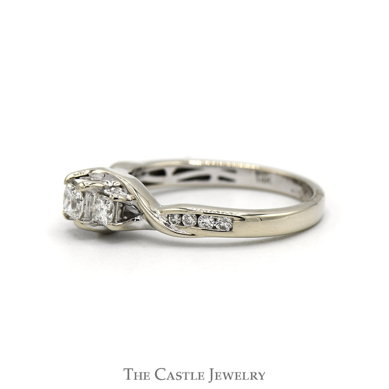 Three Stone Princess Cut Diamond Engagement Ring with Channel Set Accented Sides in 14k White Gold
