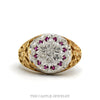 10k yellow gold diamond Kentucky Cluster ring with ruby halo — top view - Thumbnail 1