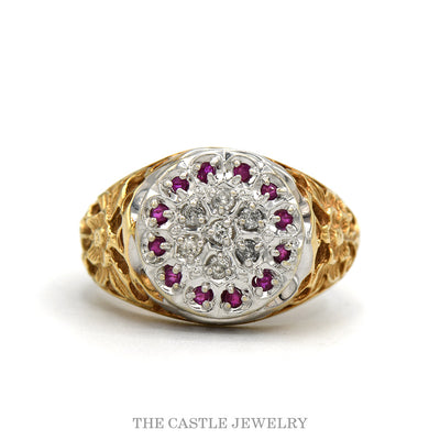 10k yellow gold diamond Kentucky Cluster ring with ruby halo — top view
