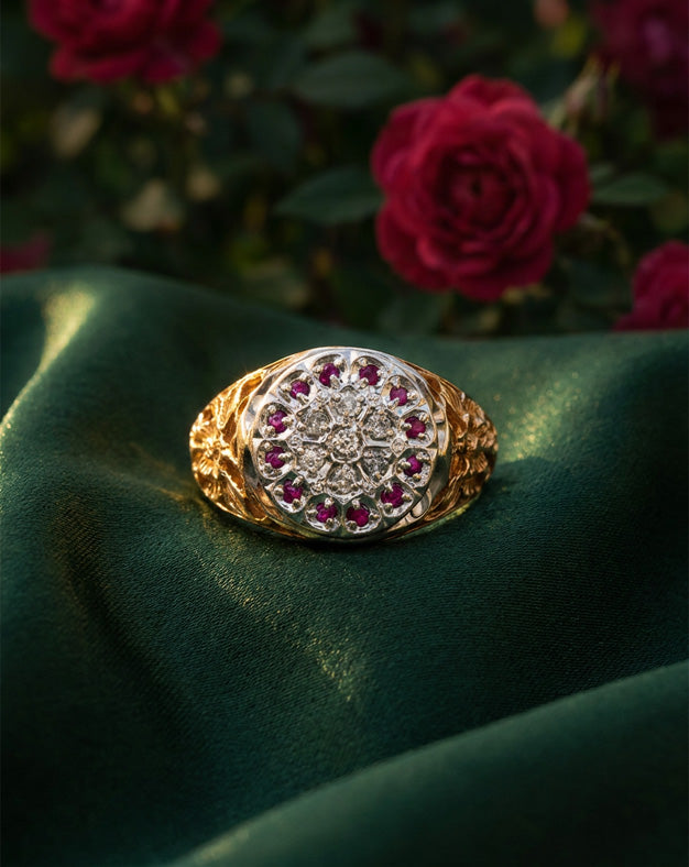 0.18cttw Diamond Kentucky Cluster Ring with Ruby Halo and Sunflower Sides in 10k Yellow Gold