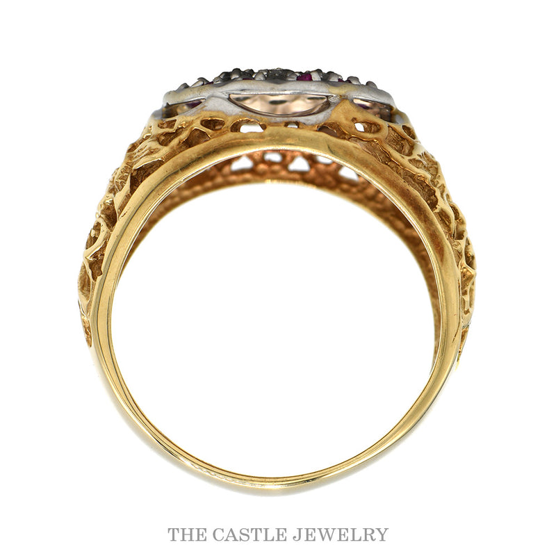 Front-facing view of the 10k yellow gold ruby diamond cluster ring
