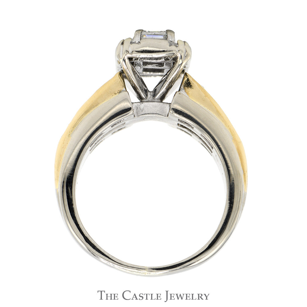 2cttw Rectangular Shaped Round & Baguette Cut Diamond Cluster Engagement Ring in Two Tone 14k White & Yellow Gold